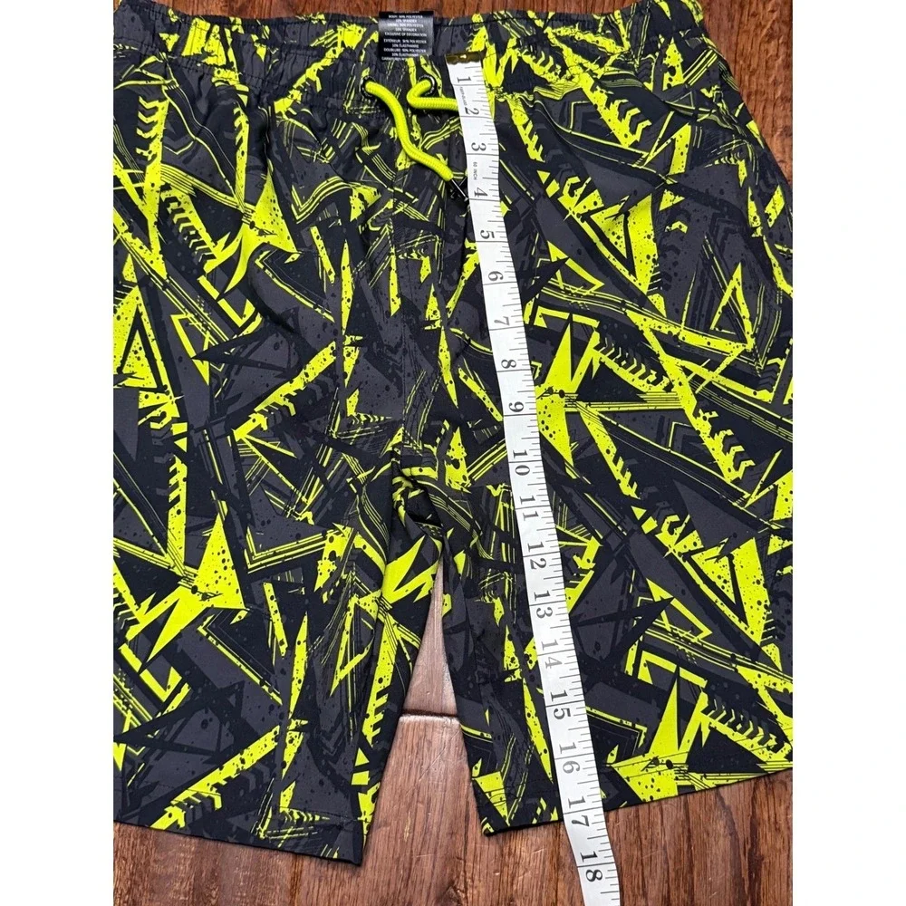 Spyder Boys Neon Yellow Grey Geometric Board Shorts‎ Swim Trunks Size L 14/16